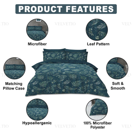This bedding set advertisement blends cozy comfort with clear appeal. The dark blue base with its crisp leaf pattern communicates a calm, nature-inspired aesthetic, while the labeled features—100% microfiber polyester, hypoallergenic, soft & smooth—make it a strong contender for both style and practicality. The clean layout, matching pillowcase highlight, and emphasis on fabric quality all support a compelling, customer-friendly message that balances emotional charm with functional trust.