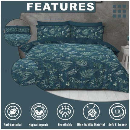 This bedding set pairs rich navy blue with a graceful scattering of leafy botanical motifs in fresh green and white, creating a look that’s both bold and refreshing. Enhanced by clearly labeled features like anti-bacterial properties, hypoallergenic design, breathability, and a smooth microfiber texture, it’s tailored for those who prioritize comfort and cleanliness without compromising on style. The clean layout and icon-based highlights reinforce its premium appeal,