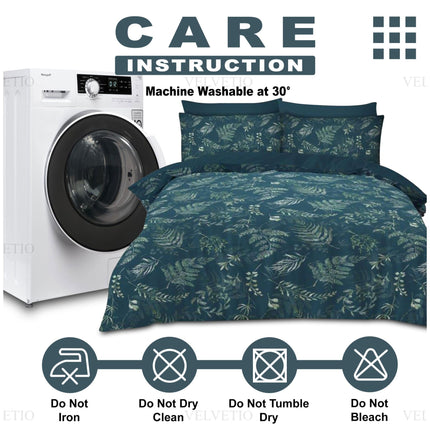 This care label design combines clarity with aesthetic appeal, complementing the deep green leafy bedding in the background. Positioned above a washing machine, the central message—“CARE INSTRUCTION: Machine Washable at 30°”—is cleanly delivered in bold, legible text. Below, four minimalist icons reinforce the ease of maintenance: Do Not Iron, Do Not Dry Clean, Do Not Tumble Dry, and Do Not Bleach. The presentation is practical yet polished,