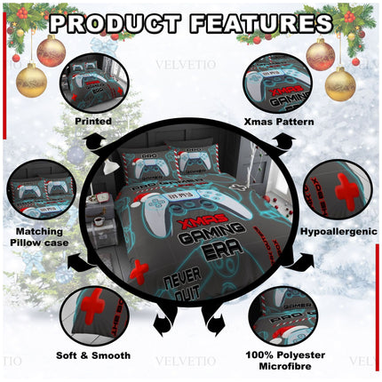 Each set includes one duvet cover and a matching pillowcase, both printed with high-definition, fade-resistant holiday gamer graphics. The set is available in various sizes to suit twin, full, or queen beds—perfect for bedrooms, dorms, or gaming rooms.