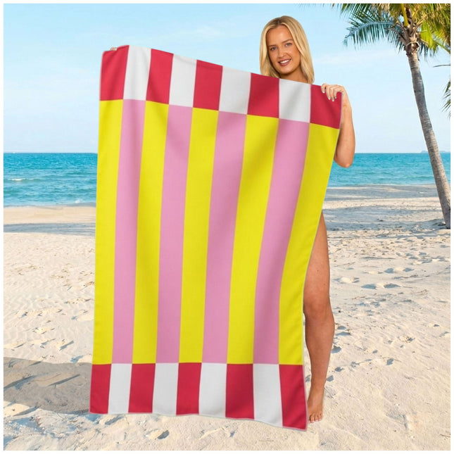 Soft yellow striped sand-free beach towel made from lightweight quick-dry microfiber.