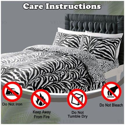 To maintain the quality and longevity of your zebra print duvet cover set, please follow these care instructions carefully: do not iron the fabric to avoid damage, keep the bedding away from fire sources for safety, avoid tumble drying to preserve the material’s softness, and do not use bleach to maintain the vibrant animal patterns. Proper care ensures your bedding stays fresh, durable, and comfortable for everyday use.