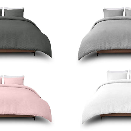 Product video displaying the Modern Seersucker Durham Duvet Cover Set, highlighting its soft texture, elegant styling, and available colour options.