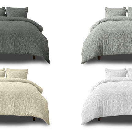 Demonstration video highlighting the texture, damask design, and color variations of the Modern Seersucker Cambi Duvet Cover Set.